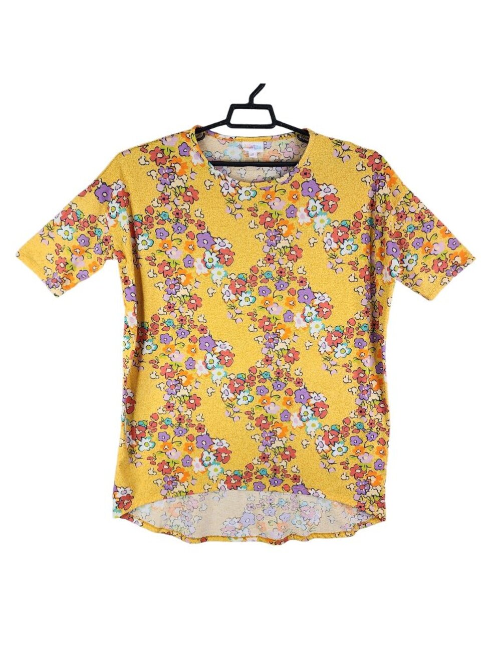 Womens LulaRoe Yellow Floral Print Tunic T Shirt Short Sleeve Polyester Size M